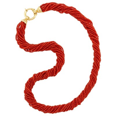 Lot 41 - Multistrand Coral Bead Torsade Necklace with Gold Clasp