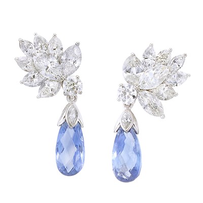 Lot 157 - Pair of Platinum, Diamond and Sapphire Briolette Pendant-Earrings