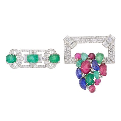 Lot 131 - Two Platinum, Diamond and Carved Colored Stone 'Tutti Frutti' Brooches