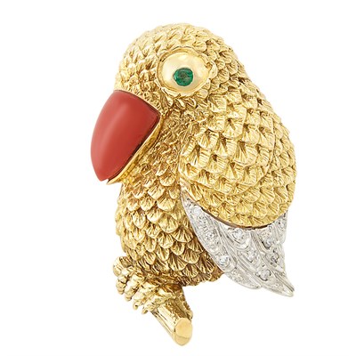 Lot 49 - Gold, Coral, Diamond and Emerald Toucan Brooch