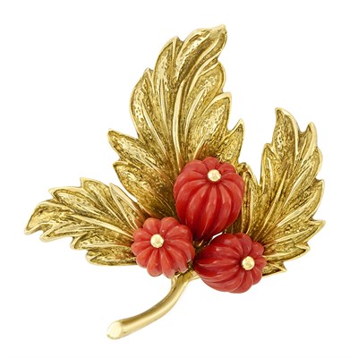 Lot 398 - Gold and Fluted Coral Bead Brooch, Tiffany & Co.