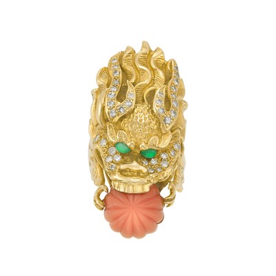 Lot 445 - Gold, Carved Coral, Diamond and Cabochon Emerald Dragon Head Ring, Van Cleef & Arpels
