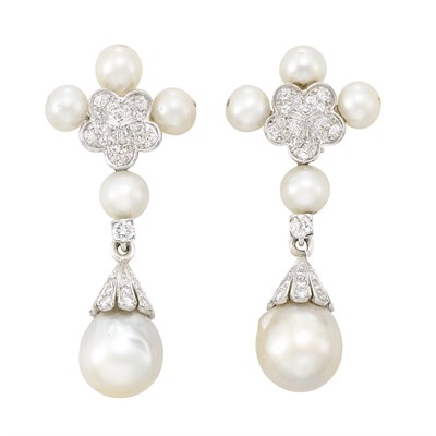 Lot 461 - Pair of Platinum, Diamond, Cultured Pearl and Semi-Baroque Cultured Pearl Pendant-Earclips