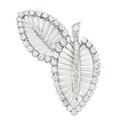Lot 460 - Platinum and Diamond Leaf Clip-Brooch