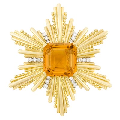Lot 446 - Gold, Citrine and Diamond Pendant Clip-Brooch