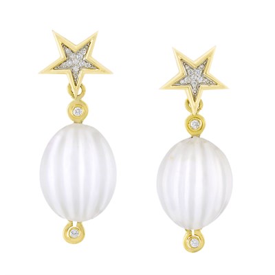 Lot 444 - Pair of Two-Color Gold, Diamond and Fluted Frosted Rock Crystal Pendant-Earclips, Van Cleef & Arpels