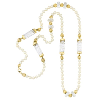 Lot 440 - Long Cultured Pearl, Gold, Carved Rock Crystal and Rock Crystal Bead Necklace