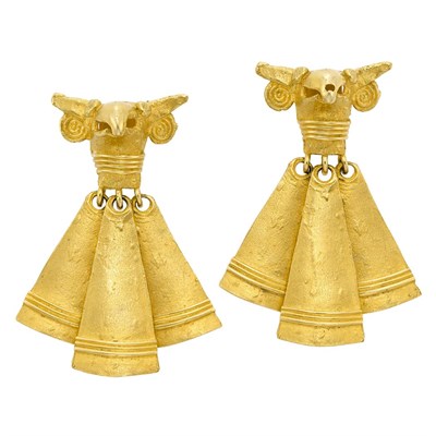 Lot 447 - Pair of Gold Ram's Head Pendant-Earrings
