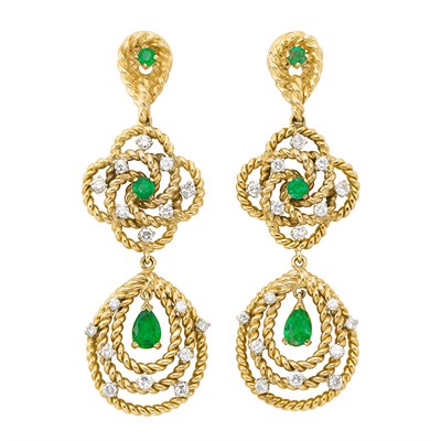 Lot 454 - Pair of Gold, Platinum, Emerald and Diamond Pendant-Earrings