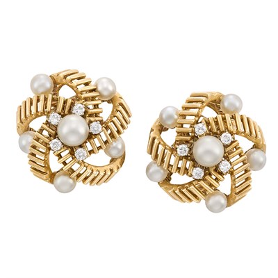 Lot 458 - Pair of Gold, Cultured Pearl and Diamond Earclips