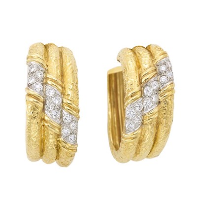 Lot 452 - Pair of Hammered Gold, Platinum and Diamond Hoop Earclips, Van Cleef & Arpels