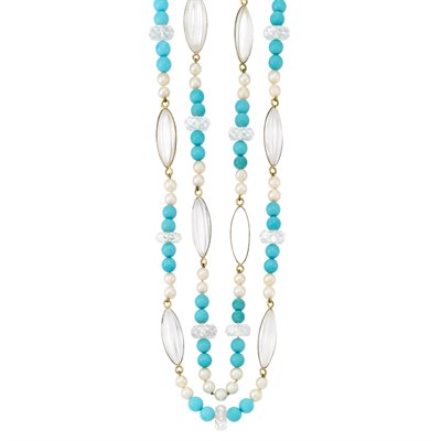 Lot 441 - Long Cultured Pearl, Gold, Rock Crystal and Turquoise Bead Necklace