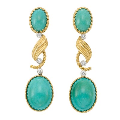Lot 456 - Pair of Gold, Platinum, Turquoise and Diamond Pendant-Earclips