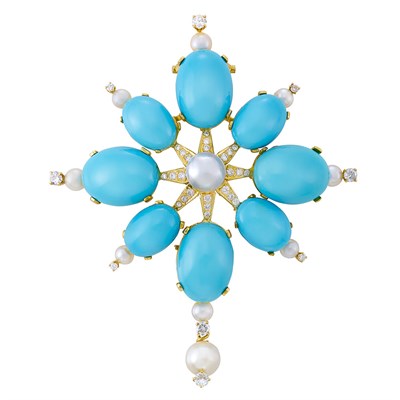 Lot 442 - Gold, Turquoise, Diamond and Mabe and Cultured Pearl Clip-Brooch