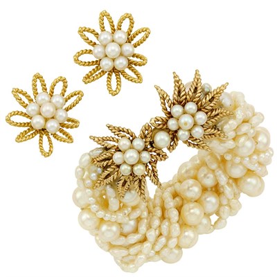 Lot 83 - Multistrand Cultured and Freshwater Pearl Torsade Bracelet with Gold and Cultured Pearl Clasp and Pair of Earclips