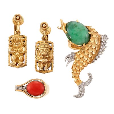 Lot 1381 - Gold, Diamond and Jade Ring, Gold and Coral and Diamond Ring and Pair of Gold Pendant-Earrings