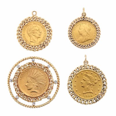 Lot 1317 - Gold, Gold Coin and Diamond Pendant and Three Gold and Gold Coin Pendants