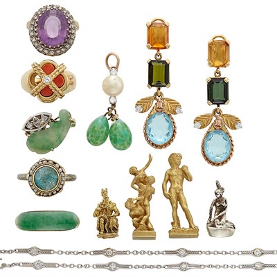Lot 1372 - Group of Platinum, Gold, Sterling Silver and Metal Jewelry and Three Gold Objets