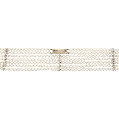 Lot 1070 - Multistrand Cultured Pearl, White Gold and Diamond Choker Necklace