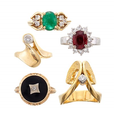 Lot 1332 - Five Gold, Low Karat Gold, Silver, Diamond, Simulated Diamond and Gem-Set Rings