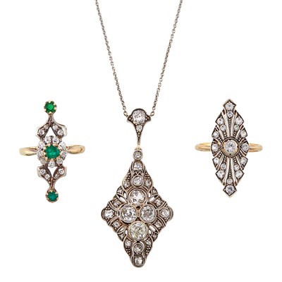 Lot 1334 - White Gold and Diamond Pendant with Silver Chain Necklace and Two Gold, Diamond, Simulated Diamond and Emerald Rings
