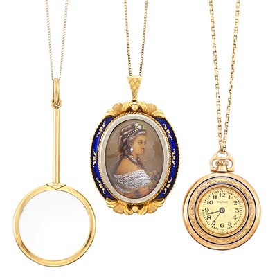 Lot 1358 - Gold and Enamel Pendant, Pendant-Watch, Waltham, and Magnifying Glass Pendant with Three Gold Chain Necklaces