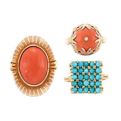 Lot 1417 - Three Gold, Coral and Turquoise Rings