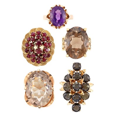 Lot 1387 - Five Gold and Multicolored Stone Rings
