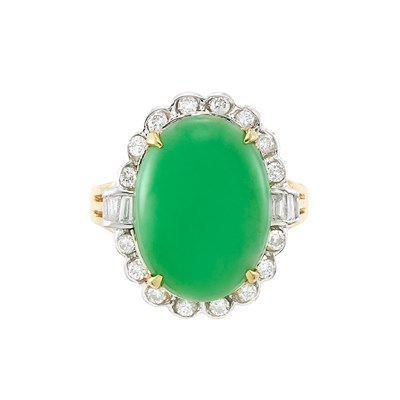Lot 1099 - Gold, Cabochon Jade and Diamond Ring
