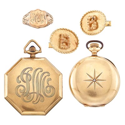 Lot 1235 - Two Gold, Low Karat Gold and Metal Pocket Watches, Pair of Gold Cufflinks and Gold Ring