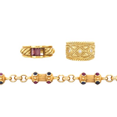 Lot 1322 - Gold and Gem-Set Bracelet and Ring and Gold and Diamond Ring