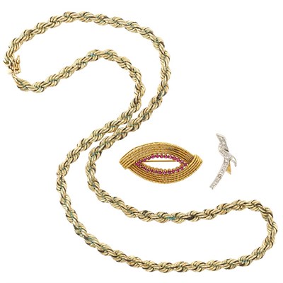 Lot 1302 - Gold and Metal Rope-Twist Necklace, Two-Color Gold and Diamond Brooch and Fragment