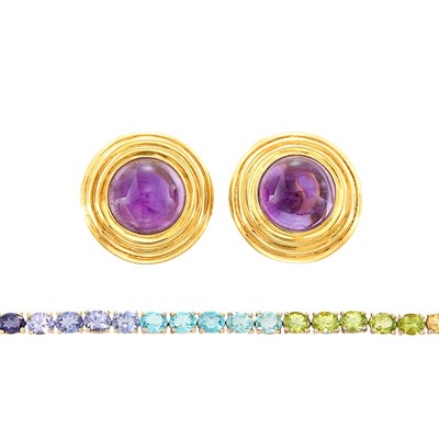 Lot 1265 - Sterling Silver and Multicolored Stone Bracelet and Pair of Gold and Cabochon Amethyst Earrings