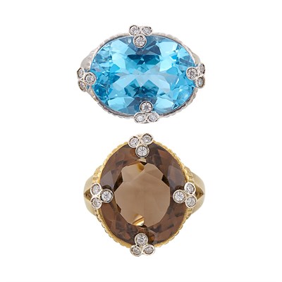Lot 1264 - White Gold, Blue Topaz and Diamond Ring and Gold, Smoky Quartz and Diamond Ring
