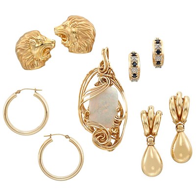 Lot 1370 - Three Pairs of Gold Earrings, Metal and Opal Pendant and Pair of Silver Hoop Earrings