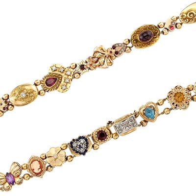 Lot 1431 - Two Gold, Diamond and Gem-Set Slide Bracelets