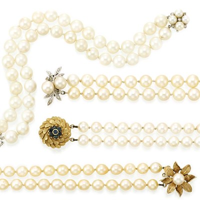 Lot 1450 - Three Multistrand Cultured Pearl Necklaces and Bracelet