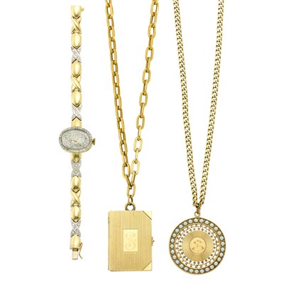 Lot 1364 - Lady's Gold and Diamond Wristwatch, Gold and Split Pearl Pendant with Chain Necklace and Gold Locket Pendant-Necklace