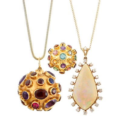 Lot 1324 - Gold and Multicolored Stone Ring and Ball Pendant with Necklace and Gold, Opal and Diamond Pendant with Chain Necklace