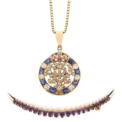 Lot 1290 - Antique Gold, Amethyst and Natural Pearl Crescent Pin and Gold, Diamond, Sapphire and Ruby Pendant with Chain