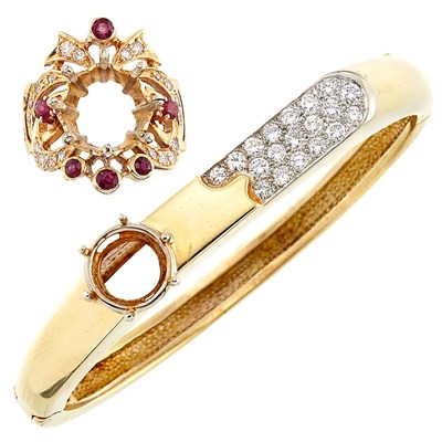 Lot 1350 - Two-Color Gold and Diamond Bangle Bracelet Mounting and Gold, Diamond and Ruby Ring Mounting