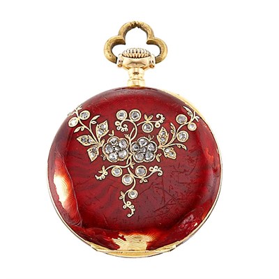 Lot 1149 - Lady's Red Guilloche Enamel Open Face Pendant-Watch, Tiffany & Co.