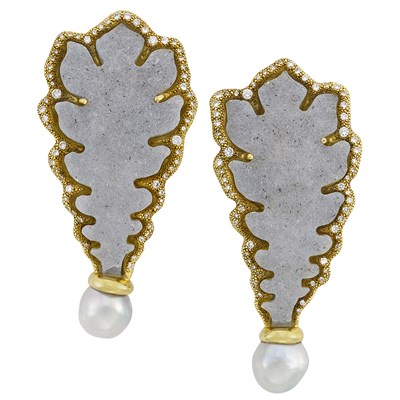 Lot 263 - Pair of Gold, Quartz, Diamond and Semi-Baroque Cultured Pearl Earclips, Elizabeth Gage