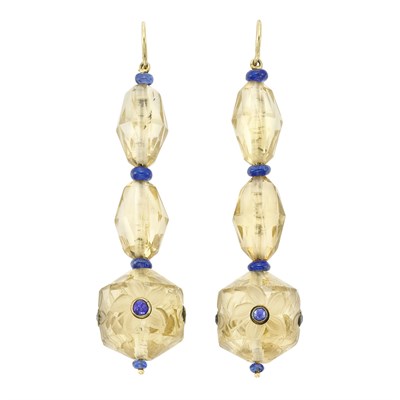 Lot 3341 - Pair of Gold, Faceted and Carved Citrine Bead and Sapphire Pendant-Earrings, by Fred Leighton