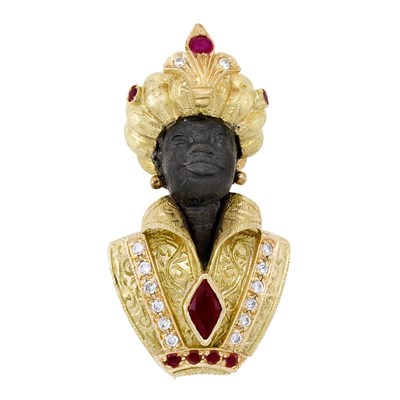 Lot 3418 - Gold, Ruby, Diamond and Cultured Pearl Blackamoor Clip-Brooch