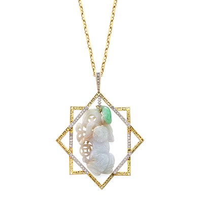 Lot 1059 - Gold, Carved Jade and Diamond Pendant with Chain Necklace