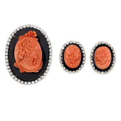 Lot 1245 - White Gold, Black Onyx, Carved Coral and Diamond Pendant-Brooch and Pair of Earrings
