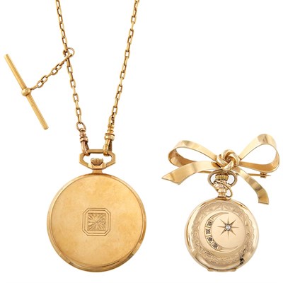 Lot 1399 - Gold Open Face Pocket Watch with Watch Fob Chain, Gold and Diamond Hunting Case Pocket Watch and Gold Pendant-Pin