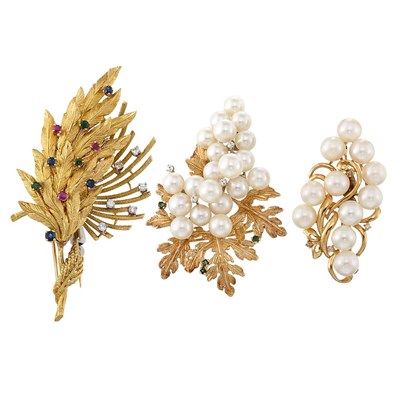 Lot 1281 - Three Gold, Cultured Pearl, Diamond and Gem-Set Brooches