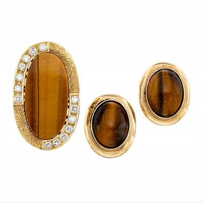Lot 1262 - Gold, Tiger's Eye and Diamond Ring and Pair of Earrings